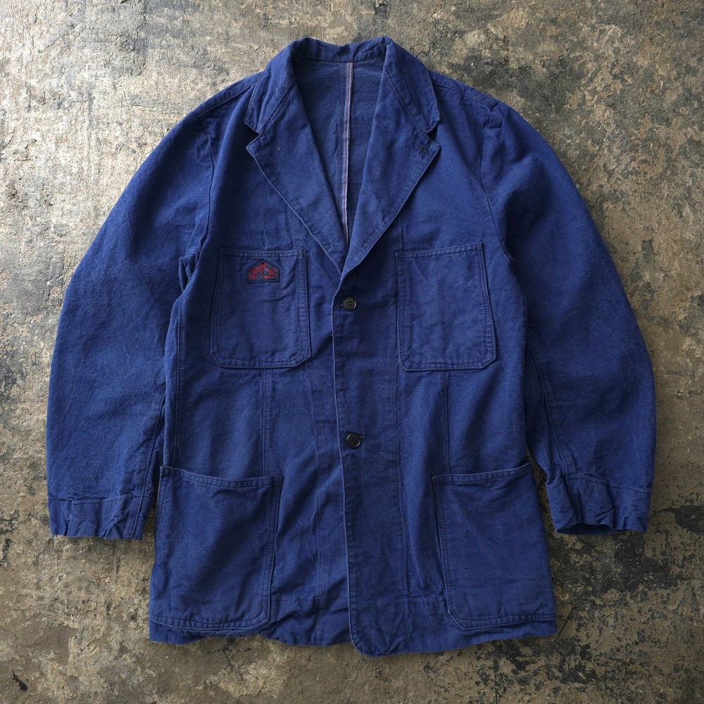 Vintage 1960s Blue French Cotton Work Chore Jacket Size S DMSA Patch